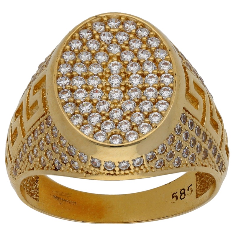 14ct Gold Cubic Zirconia Patterned Signet Ring Size U