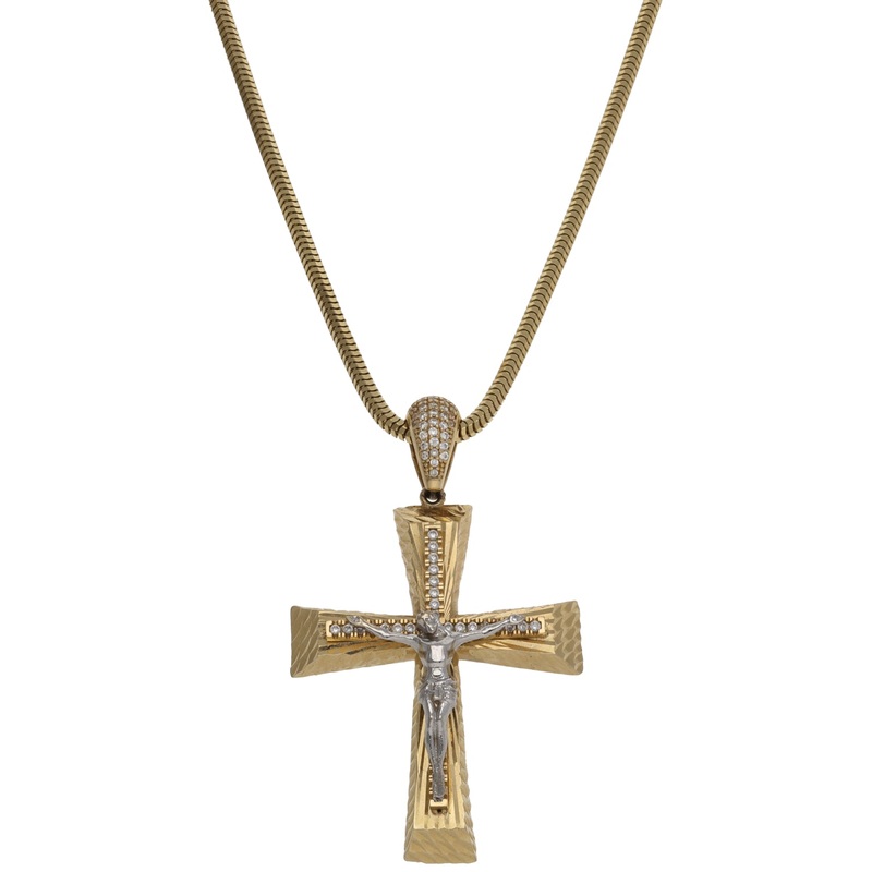 14ct Gold Cubic Zirconia Crucifix Pendant With Chain