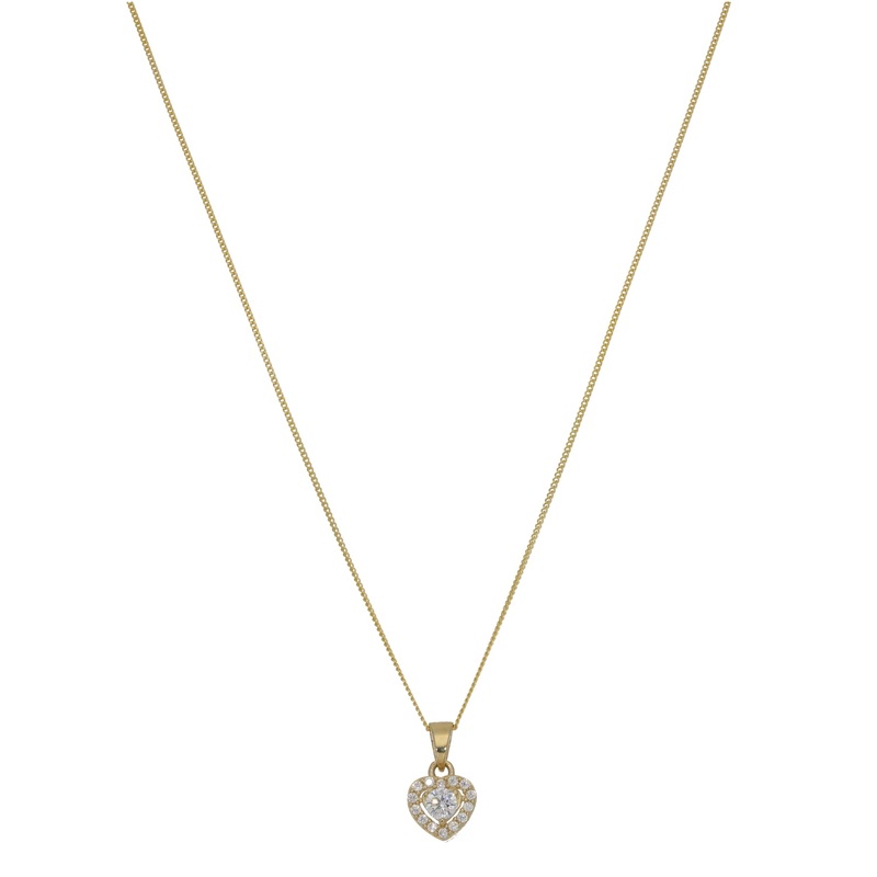 New 9ct Gold Cubic Zirconia Halo 7.35mm Heart Pendant with Chain 18″