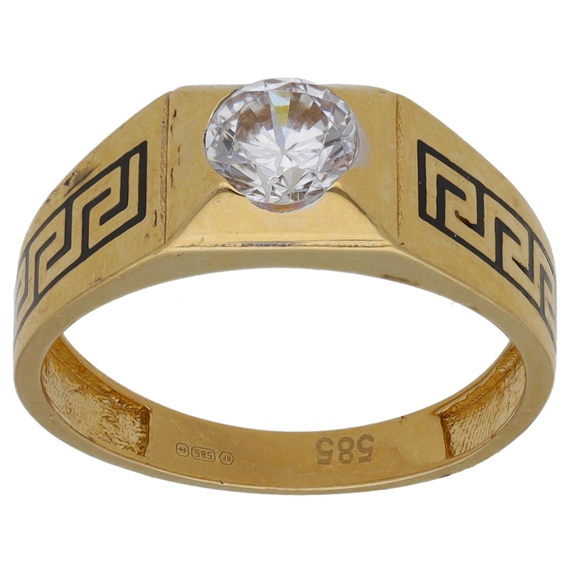 14ct Gold Cubic Zirconia Patterned Single Stone Signet Ring Size M