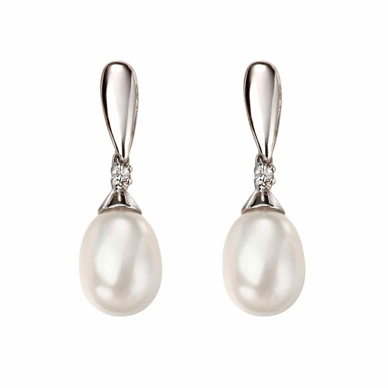 Elements Gold GE2075W Freshwater Pearl and Diamond Drop Earrings
