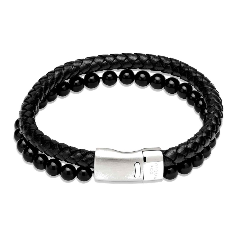 Unique & Co B498BL/21CM Men’s Leather Black Onyx Bracelet