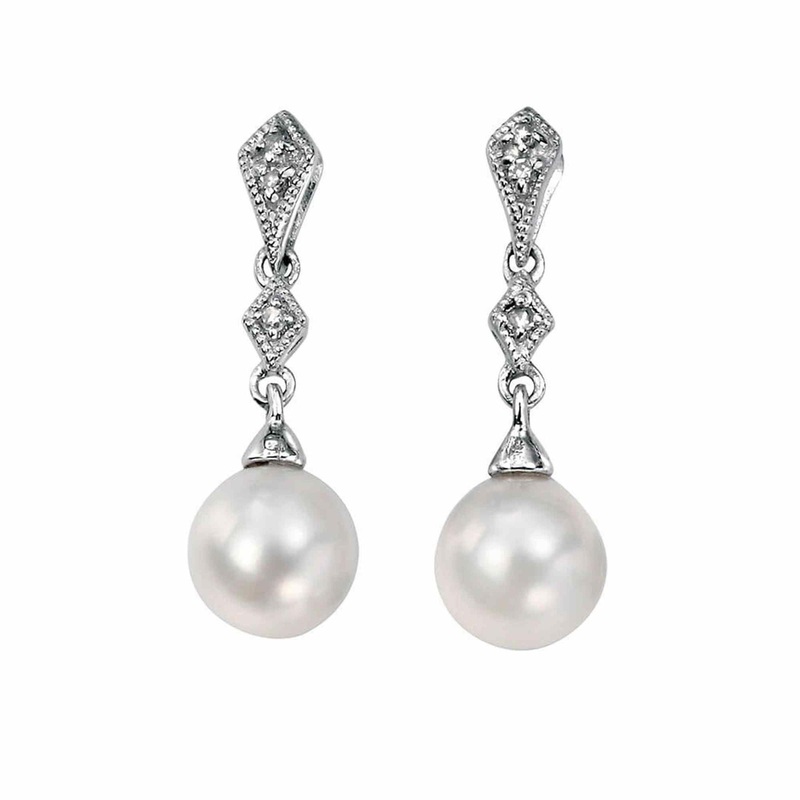 Elements Gold GE807W Freshwater Pearl and Diamond Drop Earrings